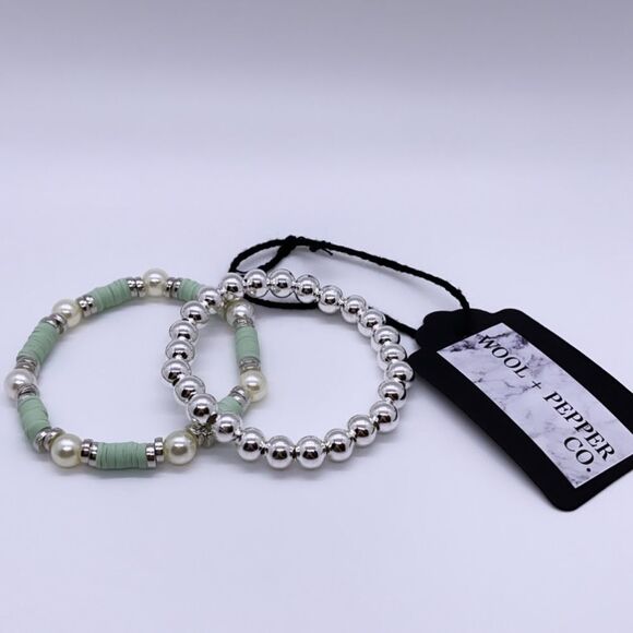 NWT Wool + Pepper Co. Sage & Silver Bracelet Stack - Picture 1 of 5
